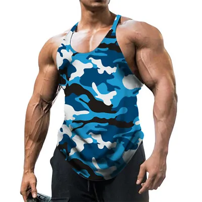 Mens Gym Vest Racerback Bodybuilding Muscle Stringer Camouflage Tank Top Fitness • £6.23