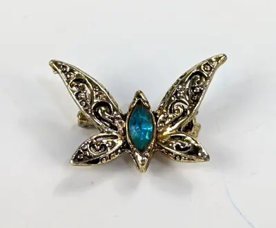 Openwork Small Gold Tone Butterfly Blue Rhinestone Brooch Pin 1.25  • $11.99