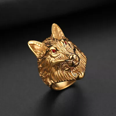 Mens Gold Plated Stainless Steel Lion Head Of Judah Wedding Ring Red Rhinestone • $10.89