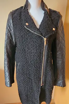 $35 • Buy EUC ZARA Women's Black Leather Combination Jacket Coat Size M Made In Morocco