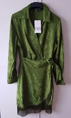 £34.99 • Buy New Zara Green Jacquard Dress With Tie Waist & Fringe Detailing Size S 8 - 10