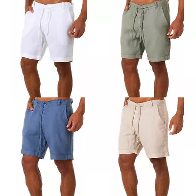 Mens Cotton Linen Shorts Elastic Waist Drawstring Summer Loose Casual Pants~ • $10.95