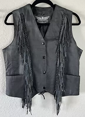 Eagle Lightweight Black Leather Fringe Snap Front Vest Biker Motorcycle Pockets • $28