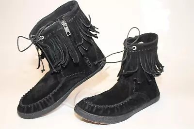 UGG 1003830 Kaysa Womens 7.5 38.5 Black Fringed Suede Moccasin Ankle Boots  • $7