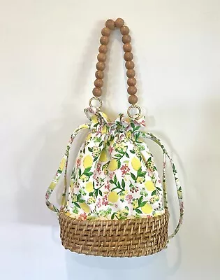 C&C California Rattan Wicker Beaded Lemon Canvas Bucket Bag Handbag  • $29