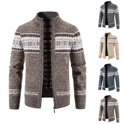 Mens Knitted Cardigan Zip Up Plaid Check Winter Warm Jumper Sweater Jacket Coat • £13.09