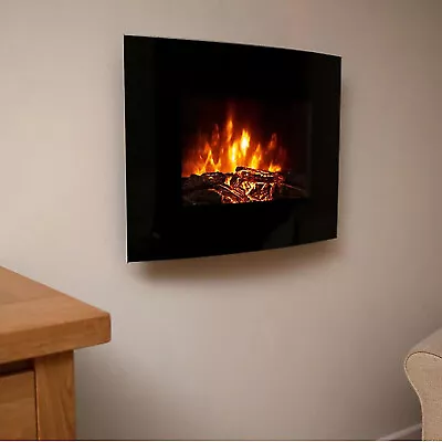 Electric Fireplace LED Flame Effect Wall Mounted Black Glass Heater Modern 1.8kW • £88.03