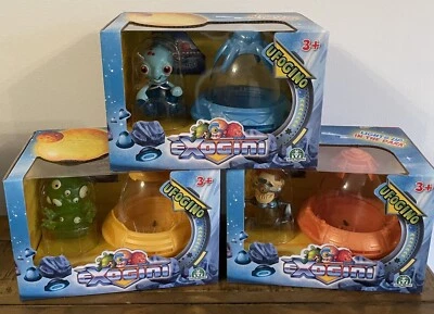 SET OF 3 Exogini Ufogino Red Alien Figure & Spaceship Light Up In The Dark Toy • £13.99