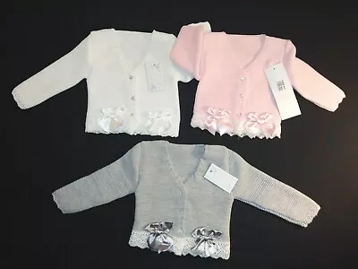 Spanish Style Baby Girls Knitted Cardigan Shrug Pinkwhite Bow Lace 3mths-36mths • £13.99