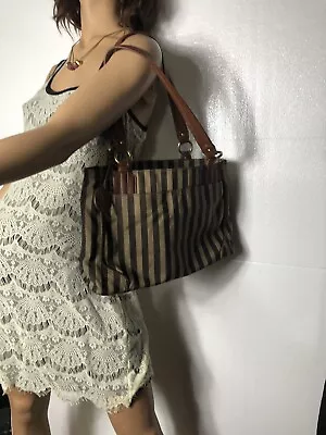 Etienne Aigner EA Canvas & Leather -Brown & Black Striped Shoulder Bag Free Ship • £28.94