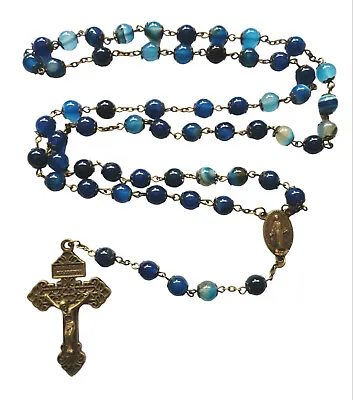 Blue Agate Rosary Beads Striped Stone Bronze Metal Large Long 8mm Beads • £9.99