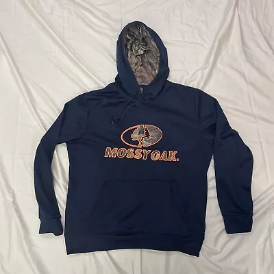 Mossy Oak Navy Blue Orange  Camo Hoodie Men L Pullover Sweatshirt • $17.95