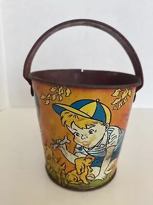 Vintage Ohio Art Tin Litho Sand Pail Children Playing With Puppies • $34.95