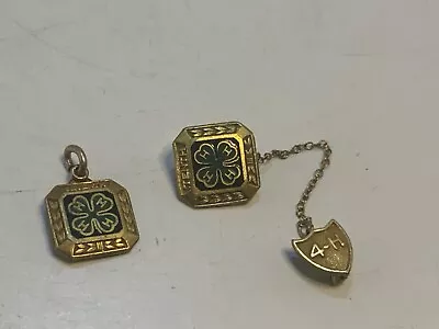 Vintage 4-H Club Four Leaf Clover Seventh & Tenth Year Lapel Pin & Pendant • $26.99