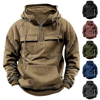 Men's Hooded Solid Color Sweater Youth Sport Pocket Patch Leather Sweater Jacket • $34.30