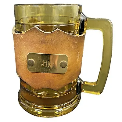 $10.60 • Buy Vintage Amber Glass  Mug Leather Snap Cover Wrap JIM Brass Name Plate 5.5” Tall