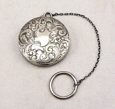 Vintage F&B STERLING Silver Floral Engraved Compact With Finger Ring Chatelaine • $110