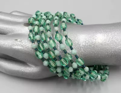 Vintage Beaded Bracelet Art Glass Bohemian Czech 6 Strand Memory Wire Wrap Green • $13.88