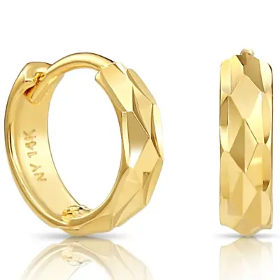 14K Solid Yellow Gold Round Diamond-Cut Huggie Hoop Earrings Baby Small 10MM • $82.50