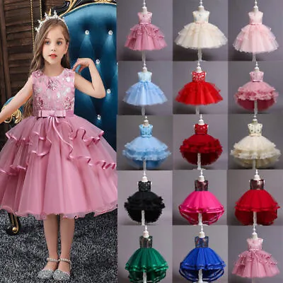 Kids Girls Bridesmaid Flower Tutu Dress Baby Party Bow Wedding Princess Dresses • £14.79