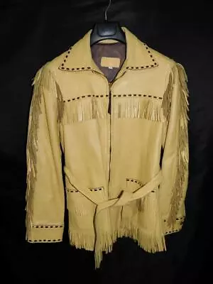 Vintage WB Place Size 36 Brown Deerskin Leather Fringe Western Jacket Coat USA • $144.99