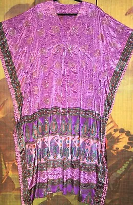 PURE SILK Beautiful Sparkling Kimono Dress 60 Bust Pink Flutter Sides Drawstring • £43.70
