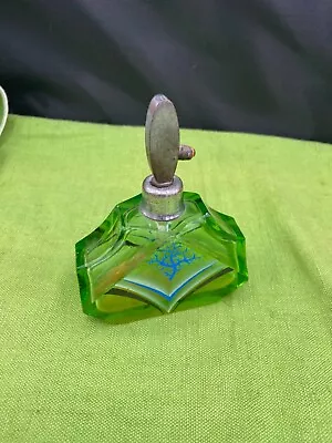Antique Vaseline Glass Art Deco Painted Glass Uranium Perfume Bottle 1930’s • $125