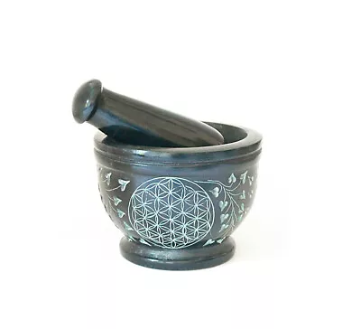 Mortar Flower Of Life Ø10cm Soapstone Black With Pestle Mortarium 1.2kg 4025 • $35.52