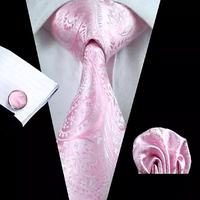 Italian Designer Baby Pink PAISLEY SILK TIE HANKY & CUFFLINKS  • £11.49