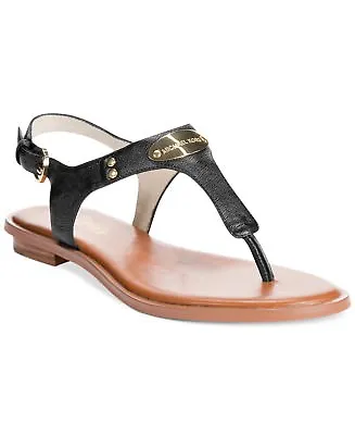 Michael Kors MK Plate Black W 18K Gold Buckle Leather Sandal Women's Sizes 5-11! • $59.95