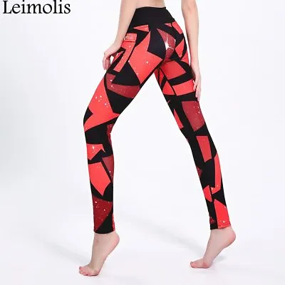 Ladies Sport 3d Red Galaxy Geometric Printed Push Up Leggings Uk Size 12-14 Yoga • £12.99