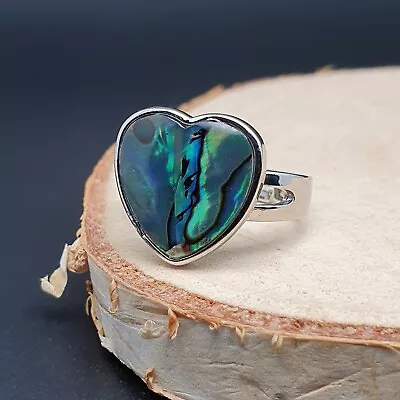 Rainbow Paua Heart Ring Natural Abalone Shell Cocktail Silver Plated Adjustable • £11.98