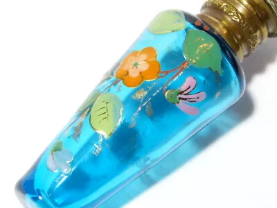 £195 • Buy 19thC Teal Blue Flowers Hand Painted Glass PERFUME SCENT Bottle VICTORIAN #T153B