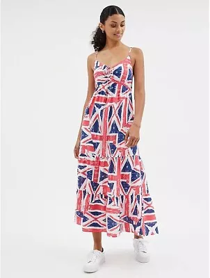 Ladies Union Jack Dress Medium Long Sleeveless Sun Dress Spaghetti Strap UK14 • £19.99