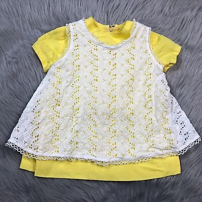 Vintage Baby Girls 2 Piece Yellow White Eyelet Lace Pinafore Dress • $14