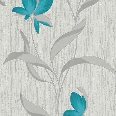 Erismann Wallpaper - Floral - Leaf / Glitter - Teal & Black - Textured - 9730-18 • £13.49