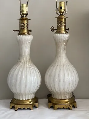 PAIR Murano Barbini Bullicante Glass Bedside Table Lamps White Gold Aventurine • $2000