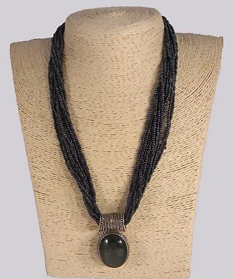 Multi Strand Gray Black Seed Bead Necklace With Green Aventurine Slide Pendant • $18.50