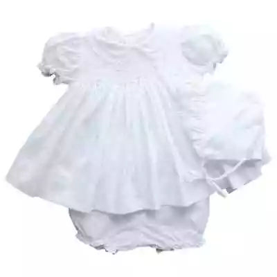 NWT Petit Ami White Smocked Lace 3P Dress Preemie Reborn Baby Girls Bonnet Sz 00 • $31.34