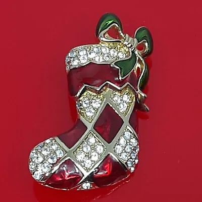 Monet Gold Tone Christmas Stocking Brooch Red Green Enamel Rhinestone Pin  • $25