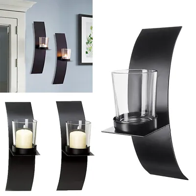 2Pcs Metal Candle Holder Black Wall Mounted Sconce Glass Cup Home Hallway Decor • £9.95