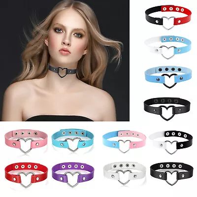 Leather Heart Choker Collar Punk Goth Adjustable Rivet Necklace Love O-Ring • $8.99