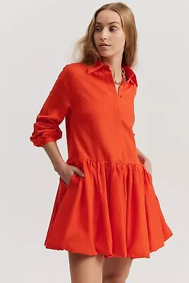 Country Road Scarlet Linen Cotton Long-Sleeve Pocketed Collared Dress - Size 10 • $50