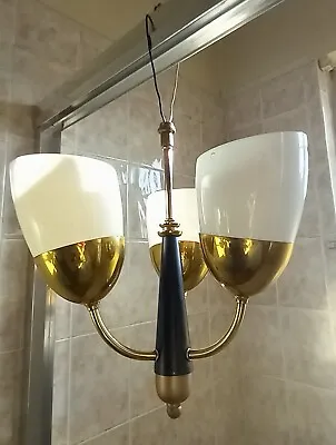 Vtg Mid Century 3 Light Modern Brass Hanging Chandelier Milk Glass Globes MCM   • $85.50