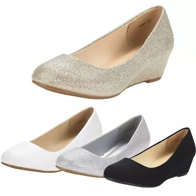 Women Slip On Low Chunky Wedge Heel Round Toe Comfortable Pump Dress Shoes • $24.99