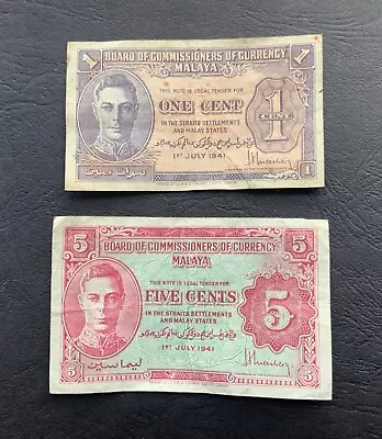 Malaya Banknotes - 1 Cent - 5 Cents - July 1941 - George VI • £0.99