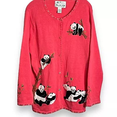 Quacker Factory Womens Panda Pink L Cardigan Embroidered Ramie Grannycore • £24.10