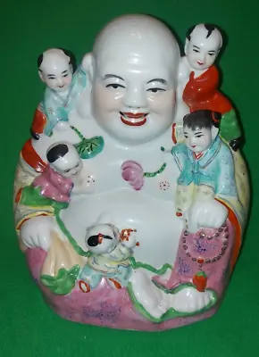 A Fine Quality Famille Rose Porcelain Laughing Buddha With Children. Signed.  • £149.99