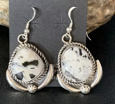 Native American White Buffalo Turquoise Navajo Sterling Silver Dangle Earrings  • $250.97