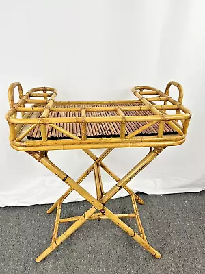 Vintage Boho Chic Palm Beach Bamboo Rattan Foldable Bar Tray Table • $200